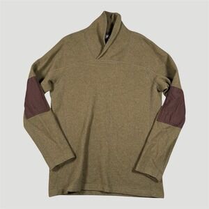 Ibex Sweater Men Sz XL Olive Shawl Collar Wool Knit Pullover Elbow Patch